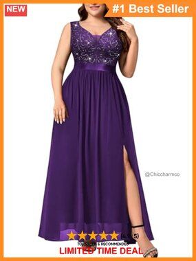 Plus Size V-Neck Sequin Lace Formal Prom Dress Side Slit Maxi